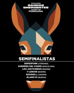 Cartel con los semifinalistas del XXVIII Concurso de Bandas Emergentes Ciudad de Porcuna (Jaén).