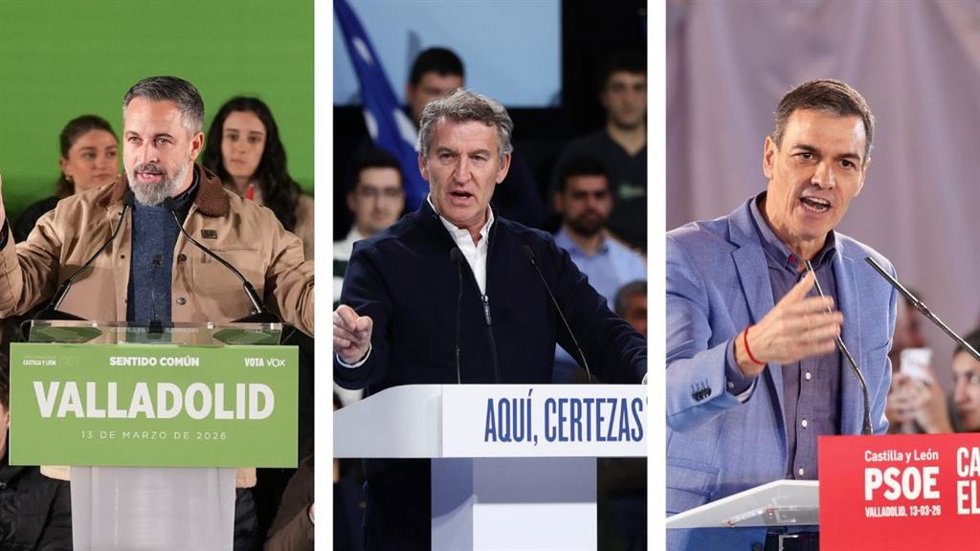 Santiago Abascal, Alberto Núñez Feijóo y Pedro Sánchez en los cierres de campaña de sus partidos en Valladolid.