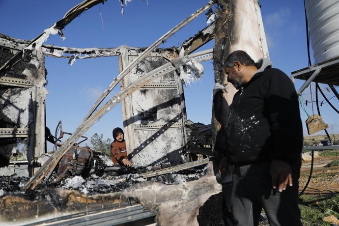 February 25, 2026, Hebron, West Bank, Palestinian Territory: Palestinians inspect the damage to their homes and property in the Susya community, south of Hebron, following attacks by Jewish settlers last night. Hebron, West Bank, February 25, 2026