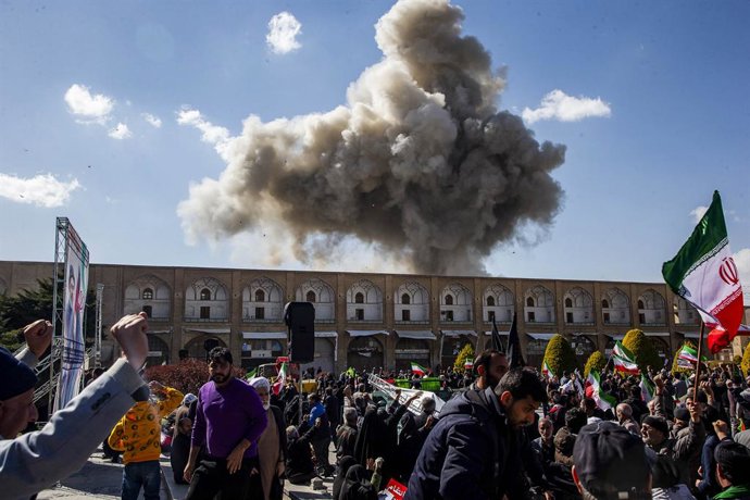 March 9, 2026, Isfahan, Iran: An explosion occurred near Naqsh-e Jahan Square as demonstrators waved Iranian national flags while gathering for a rally in support of the new Supreme Leader in Isfahan. Iran marked the appointment of Ayatollah Khamenei, who