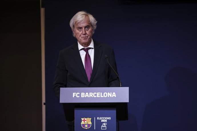 El secretario de la Junta Directiva del FC Barcelona, Josep Cubells, tras dar los datos de participación en la jornada electoral del domingo 15 de marzo de 2026
