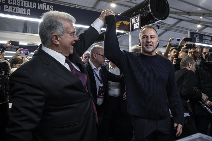 Hansi Flick, FC Barcelona head coach,cast his vote alongside Joan Laporta during the election for the FC Barcelona presidency at the Spotify Camp Nou on 15 March 2026, in Barcelona, Spain.