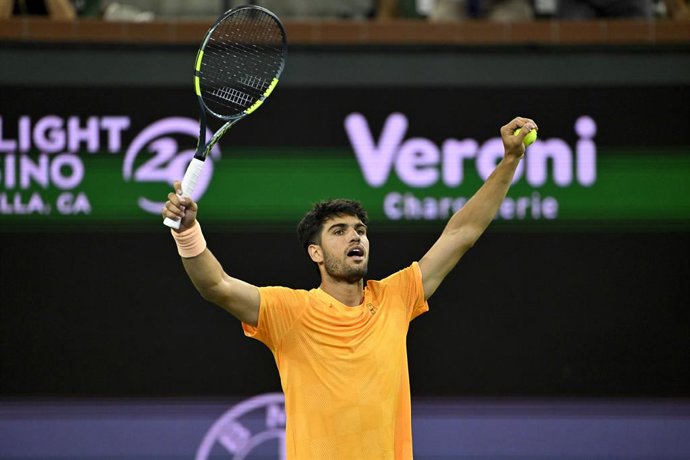 13 March 2026, US, Indian Wells: Spanish tennis player Carlos Alcaraz celebrates winning a point against UK's Cameron Norrie during their men's singles quarterfinal match of Indian Wells Open Tennis tournament. Photo: Charles Baus/CSM via ZUMA Press Wire/