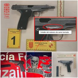 Detalle de la pistola y parches intervenidos