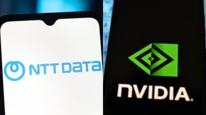 Ilustração com os logotipos da NTT Data e da Nvidia.