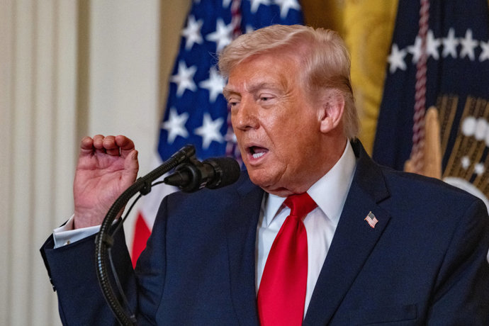 12 March 2026, US, Washington: US President Donald Trump speaks during a Women's History Month observance at the White House. Photo: Andrew Leyden/ZUMA Press Wire/dpa