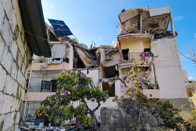 LEBANON, SAIDA - MARCH 16, 2026: A residential building partially destroyed in an Israeli air strike