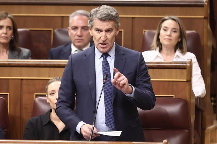 El presidente del Partido Popular, Alberto Núñez Feijóo, durante una sesión de control al Gobierno, en el Congreso de los Diputados, a 25 de febrero de 202, en Madrid (España). 