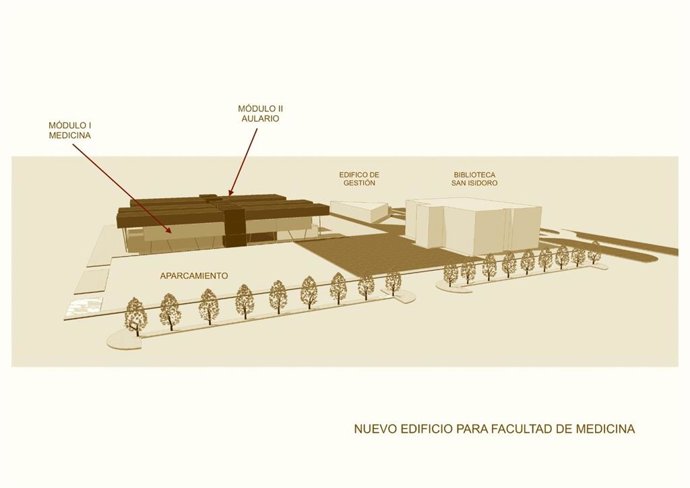 Archivo - Imagen en 3D del proyecto inicial de la futura Facultad de Medicina de León, que se ubicará en la parcela tras la Biblioteca San Isidoro y el Edificio del EGA del Campus de Vegazana, en la capital leonesa.