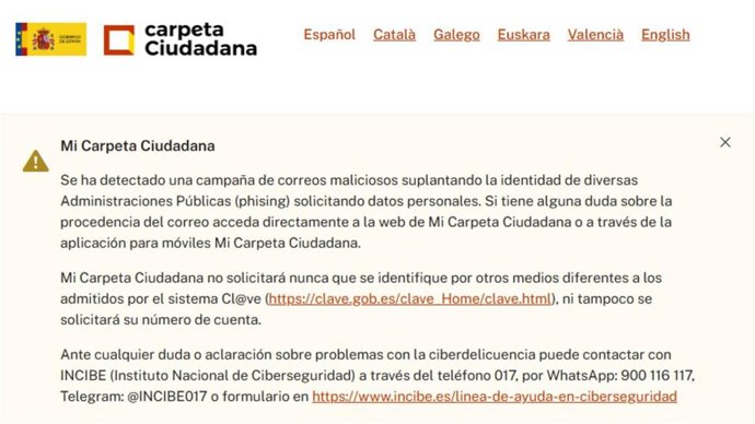 Advertencia en la web de 'Mi Carpeta Ciudadana'.