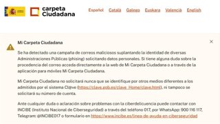 Advertencia en la web de 'Mi Carpeta Ciudadana'.