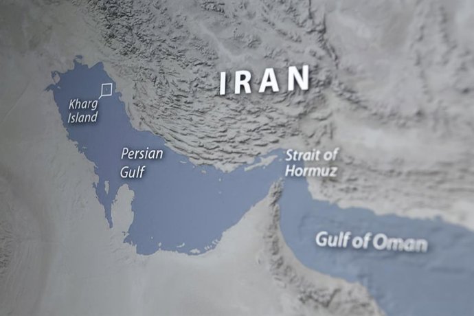 March 15, 2026, Taichung, Taiwan: A map depicting the Kharg Island, the Persian Gulf, Iran, the Strait of Hormuz and the Gulf of Oman is displayed on a screen