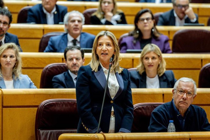 La portavoz del PP en el Senado, Alicia García, interviene durante una sesión de control al Gobierno en el Senado, a 3 de marzo de 2026, en Madrid (España). 