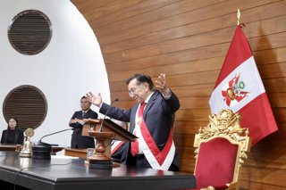 LIMA, Feb. 19, 2026  -- Jose Balcazar speaks after being sworn in as president of Peru at the Congress of the Republic of Peru, in Lima, Peru, on Feb. 18, 2026.   Peru's Congress on Wednesday elected lawmaker Jose Balcazar as its new leader, who assumes t