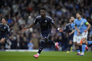 Vinicius Junior of Real Madrid CF celebrates a goal during the UEFA Champions League 2025/26 Round of 16 Second Leg match between Manchester City and Real Madrid C.F. at Etihad Stadium on March 17, 2026, in Manchester, England.