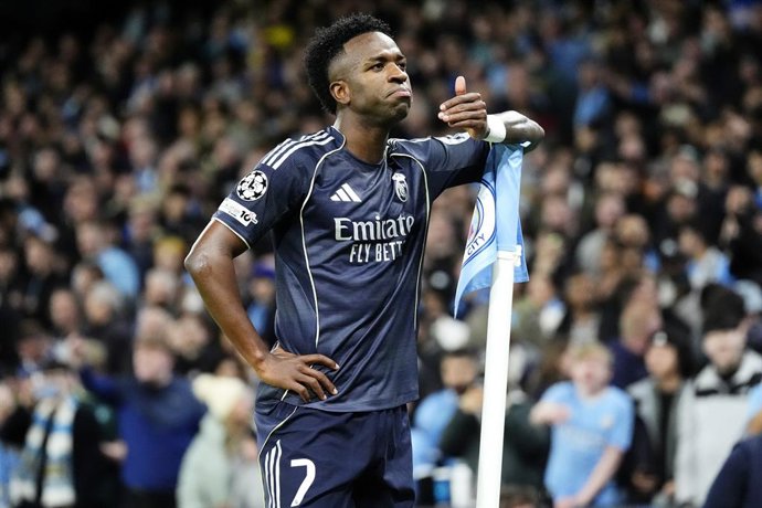 17 March 2026, United Kingdom, Manchester: Real Madrid's Vinicius Junior celebrates scoring his side's first goal during the UEFA Champions League soccer match between Manchester City and Real Madrid at the Etihad Stadium. Photo: Nick Potts/PA Wire/dpa