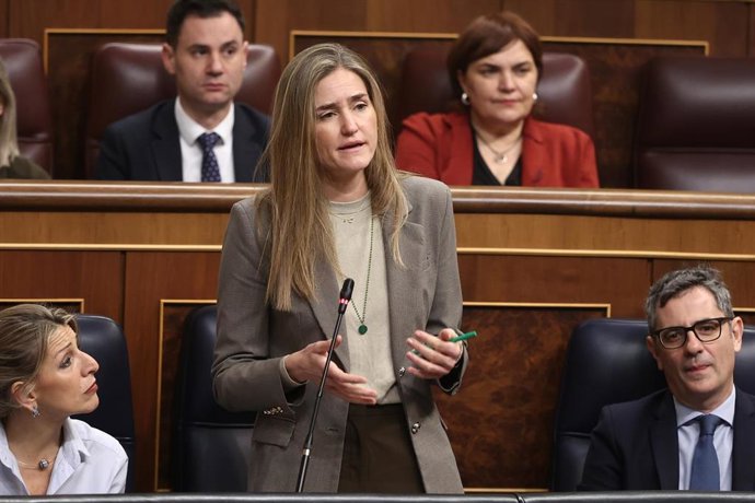 La vicepresidenta Tercera y ministra para la Transición Ecológica y el Reto Demográfico, Sara Aagesen, interviene durante una sesión de control al Gobierno, en el Congreso de los Diputados, a 25 de febrero de 202, en Madrid (España). El Gobierno afronta u