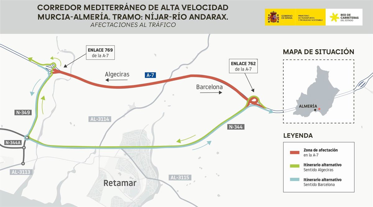 La A-7 se cortará entre Níjar y Río Andarax (Almería) por las obras del AVE con desvíos alternativos hasta este viernes