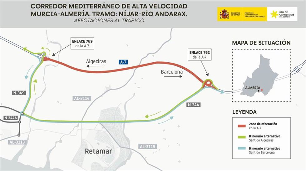 Mapa de las afecciones al tráfico en la A-7 en Almería entre los enlaces 762 y 769 por las obras del AVE en el tramo Níjar-Río Andarax.