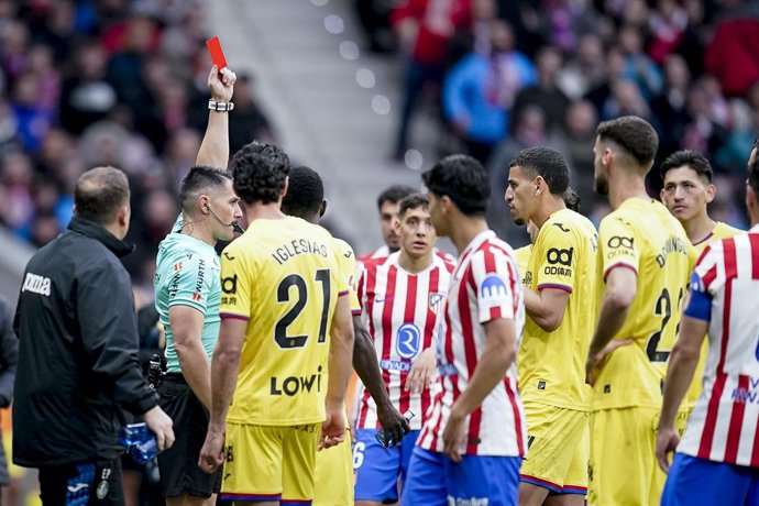 Abdel Abqar of Getafe CF see the red card during the Spanish League, LaLiga EA Sports, football match played between Atletico de Madrid and Getafe CF at Riyadh Air Metropolitano stadium on March 14, 2026, in Madrid, Spain.