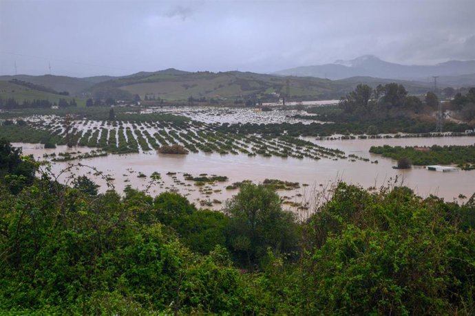 Archivo - Imagen de archivo la localidad gaditana de San Martín del Tesorillo y su entorno próximo inundado tras el paso de la borrasca Leonardo.