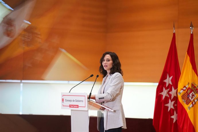 La presidenta de la Comunidad de Madrid, Isabel Díaz Ayuso, hoy, en la rueda de prensa posterior al Consejo de Gobierno celebrado en Tres Cantos.