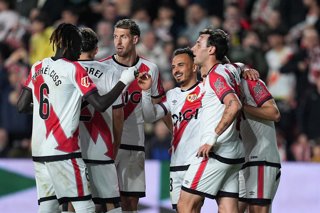 Alvaro Garcia of Rayo Vallecano celebrates a goal with teammates during the Spanish League, LaLiga EA Sports, football match played between Rayo Vallecano and Real Oviedo at Estadio de Vallecas on March 4, 2026, in Madrid, Spain.