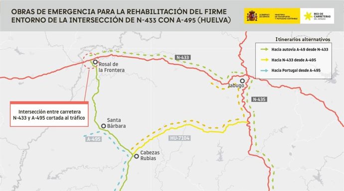Itinerario alternativo por las obras el entorno de la intersección de la carretera N-433 con la carretera A-495, en la localidad de Rosal de la Frontera.