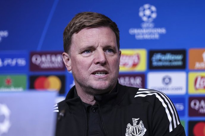 Eddie Howe, head coach of Newcastle United, attends the press conference ahead of the UEFA Champions League 2025/26, football match against FC Barcelona at Spotify Camp Nou Stadium on March 17, 2026 in Barcelona, Spain.