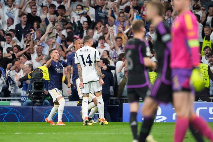 Archivo - Arquivo - Joselu Mato, do Real Madrid, comemora um gol durante a partida de volta das semifinais da Liga dos Campeões da UEFA, disputada entre o Real Madrid e o FC Bayern de Munique no estádio Santiago Bernabéu, em 8 de maio de 2024, em Madri, E