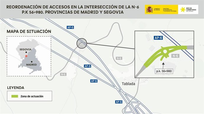 Mapa de la actuación en el Alto del León, en la N-6, en el límite provincial de Segovia y la Comunidad de Madrid.