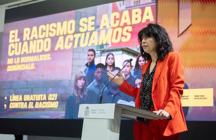 La ministra de Igualdad, Ana Redondo, presenta la campaña institucional de sensibilización contra el racismo, a 19 de marzo de 2026, en Madrid (España). La presentación inaugura la VI Semana Antirracista, organizada en torno al 21 de marzo, Día Internacio