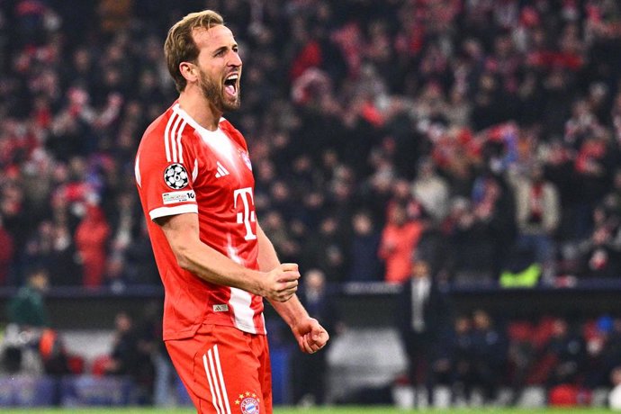 18 March 2026, Bavaria, Munich: Bayern Munich's Harry Kane celebrates scoring his side's second goal during the UEFA Champions League Round of 16, Second Leg soccer match between Bayern Munich and Atalanta Bergamo at the Allianz Arena. Photo: Tom Weller/d