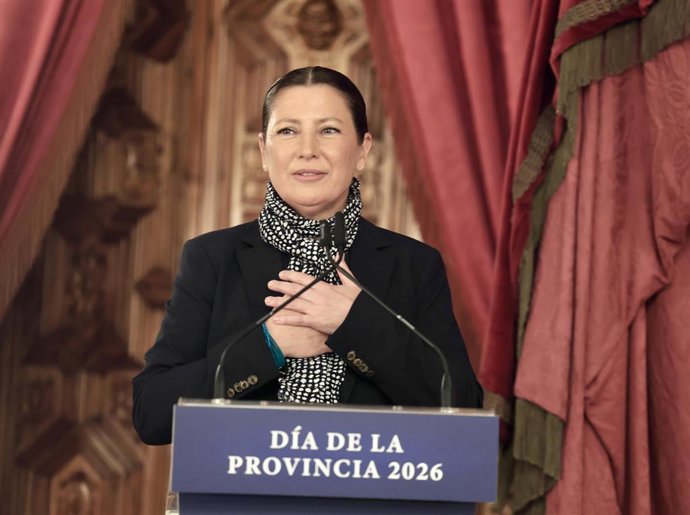La baliaora, Sara Baras, interviene tras el reconocimiento de Hija Predilecta durante los actos del Día de la Provincia de Cádiz. A 19 de marzo de 2026 en Cádiz (Andalucía, España).