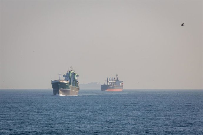 Buques petrolero y carguero en el paso del Bósforo en Turquía. 