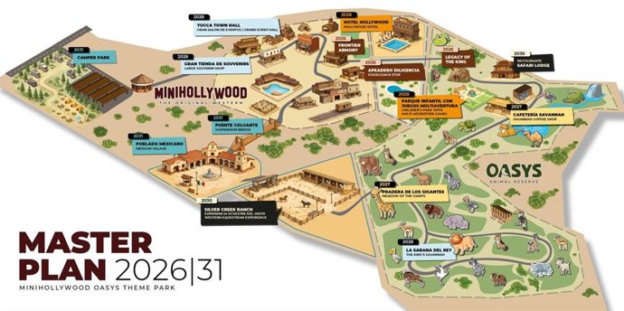 Recreación del Master Plan 2026-2031 de Oasys MiniHollywood, con la distribución de las nuevas áreas, equipamientos y ampliaciones previstas en el parque de Tabernas (Almería).