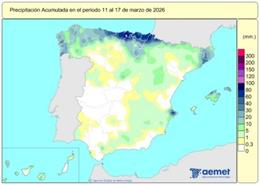España registra 508 l/m2 de lluvias acumuladas desde el 1 de octubre, un 35% más de lo normal.