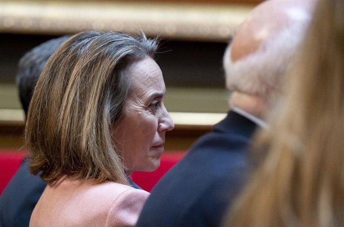 A vice-secretária de Regeneração do Partido Popular, Cuca Gamarra, durante a apresentação do livro “Alexis de Tocqueville. Um liberal único”, do professor Eduardo Nolla, no Senado, em 19 de fevereiro de 2026, em Madri (Espanha). A Fundação FAES organizou