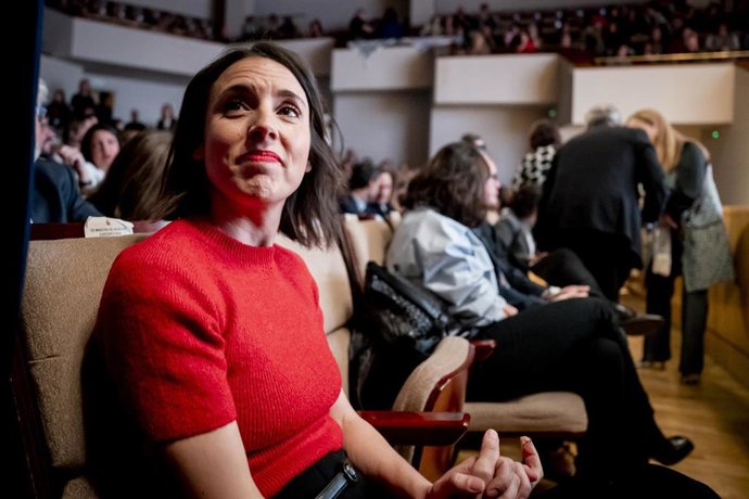 La eurodiputada de  Podemos, Irene Montero, durante el acto de reconocimiento a 53 mujeres víctimas del Patronato de la Mujer, en el Auditorio Nacional, a 20 de marzo de 2026, en Madrid (España). 