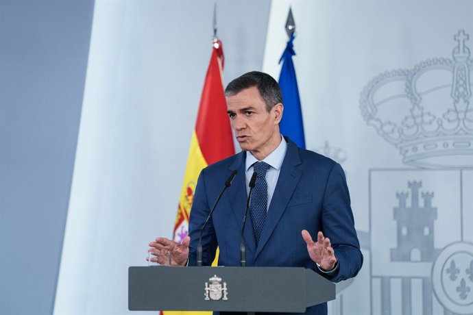 El president del Govern, Pedro Sánchez, durant una roda de premsa posterior al Consell de Ministres extraordinari, en el Palau de la Moncloa, a 20 de març del 2026, a Madrid (Espanya). 