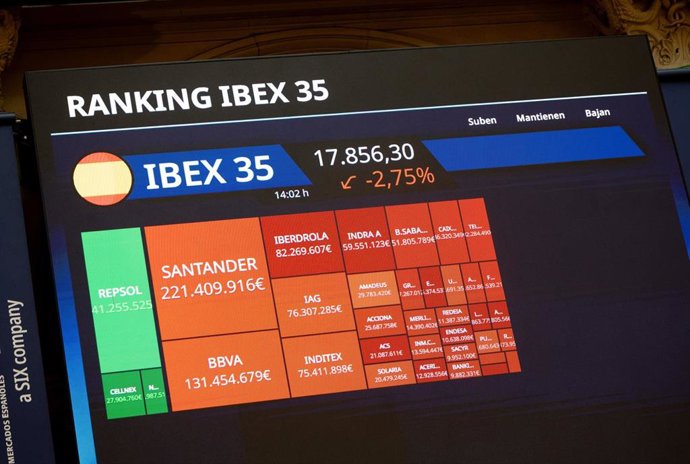 Paneles informativos en el Palacio de la Bolsa de Madrid, a 2 de marzo de 2026, en Madrid (España). 