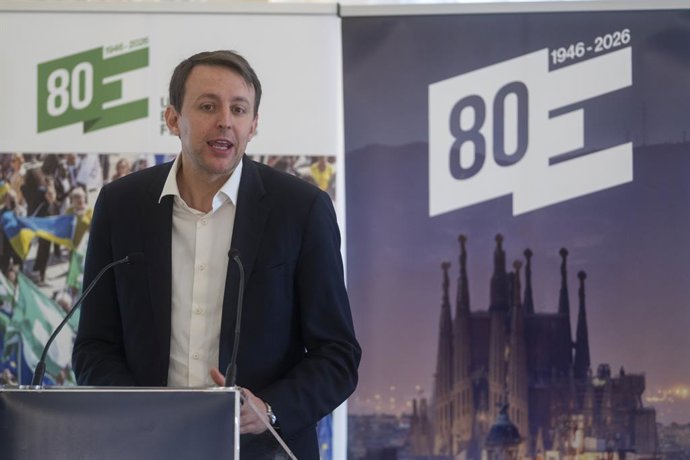 El vicepresidente del Parlamento Europeo, Javi López, interviene durante la sesión inaugural de la Unión de Federalistas Europeos, a 20 de marzo de 2026, en Barcelona, Catalunya (España). La sesión abre el XXIX Congreso Europeo de la Unión de Federalistas