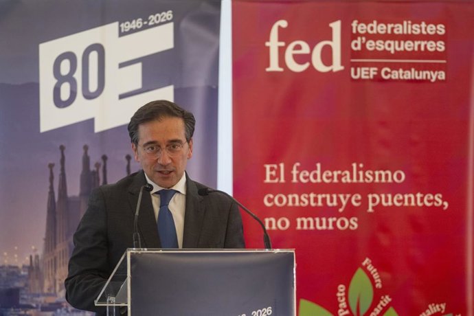 El ministro de Exteriores, José Manuel Albares, en la sesión inaugural del Congreso de la Unión de Federalistas Europeos (UEF) en Barcelona.