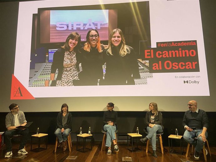 Las tres sonidistas de la película 'Sirat' --Laia Casanovas, Amanda Villavieja y Yasmina Praderas-- detallan como fue su camino hacia los Oscar, durante un acto celebrado en la Academia de Cine, a 20 de marzo de 2026, en Madrid (España).
