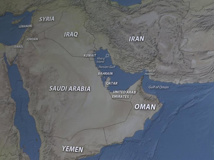 19 de março de 2026, Taichung, Taiwan: Está em exibição um mapa que mostra Israel, Líbano, Jordânia, Síria, Iraque, Irã, a Ilha de Kharg, o Golfo Pérsico, o Estreito de Ormuz, o Golfo de Omã, Kuwait, Bahrein, Catar, Emirados Árabes Unidos, Arábia Saudita,