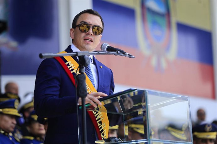 5 de março de 2026, Quito, Equador: O presidente do Equador, Daniel Noboa, profere um discurso durante um evento que marca o 88º aniversário da Polícia Nacional, na Academia de Polícia Enríquez Gallo, em 2 de março de 2026, em Quito, Equador.