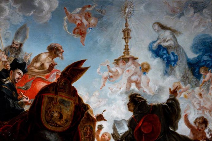 Archivo - Imagen del lienzo 'El triunfo del sacramento de la Eucaristía'  de Francisco de Herrera 'El Mozo' , expuesto temporalmente tras su restauración en el trascoro de la Catedral de Sevilla.