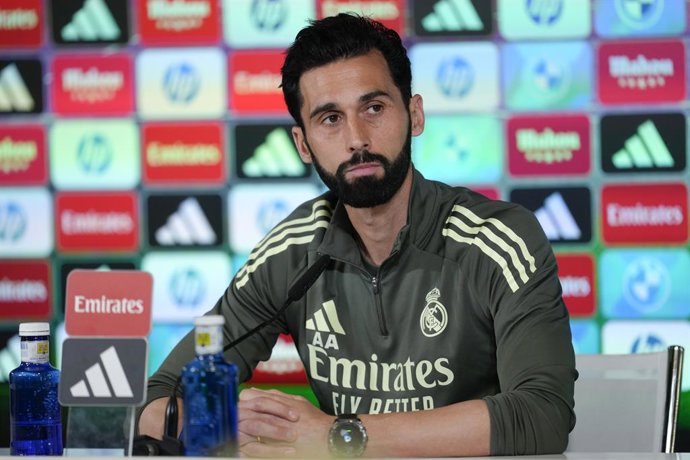 Alvaro Arbeloa, head coach, attends his press conference during the training day of Real Madrid ahead the Spanish League, LaLiga EA Sports, football match against Atletico de Madrid at Ciudad Deportiva Real Madrid on March 21, 2026, in Valdebebas, Madrid,