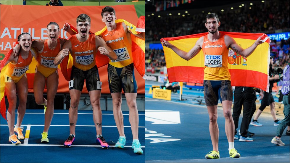 El cuarteto del relevo 4x400 mixto plata en el Mundial, Markel Fernández, Paula Sevilla, Blanca Hervás y David Zurita, y Enrique Llopis, plata en 60 mv
