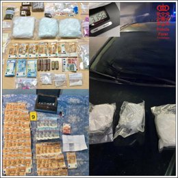 Sustancias, dinero y utensilios incautados a los detenidos.